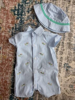 Little Me Light Blue and White Striped Baby romper w/matching hat